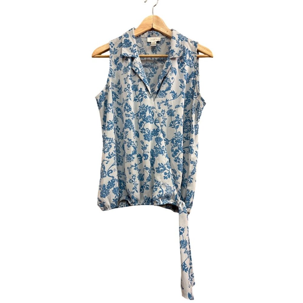 Ann Taylor LOFT Womens S Sleeveless Floral Wrap Top 100% Polyester Blue & White